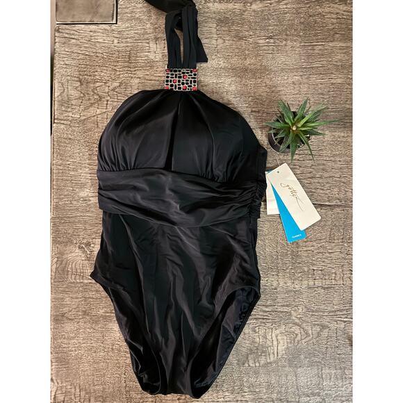 Gottex Other - Gottex Black Jeweled One-Piece Swimsuit |Sz 8| Elegant Halter Bathing Suit | NEW